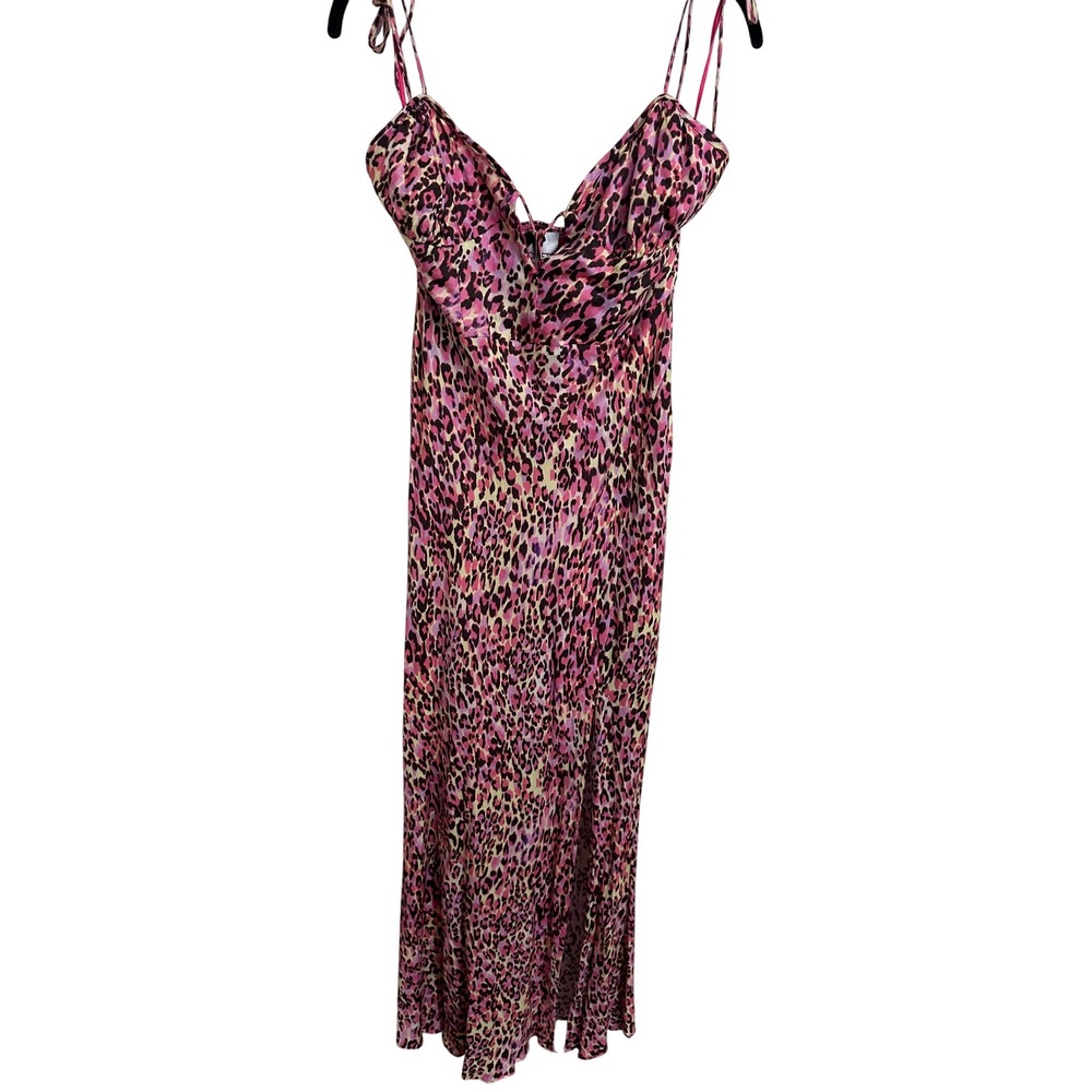 Nosecrets Milano Pink Leopard Print Maxi Dress Tie Strap Smocked Back 42 NEW